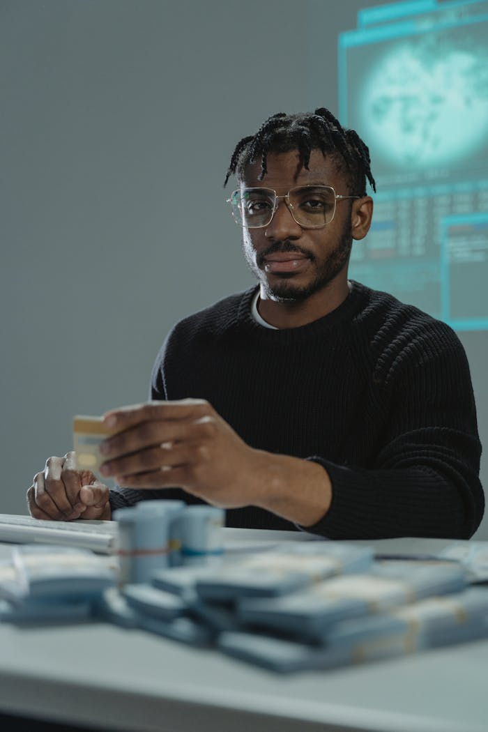 A seated man in glasses and sweater holding a credit card near stacks of cash, suggesting financial themes.